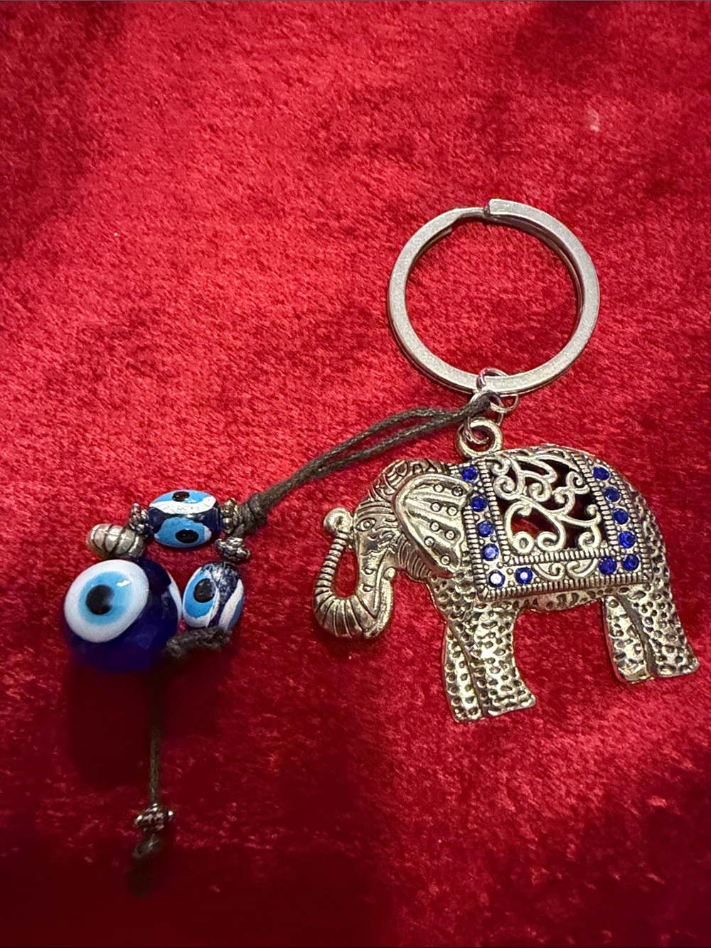 Silver Elephant evil eye Keychain with Blue Bead Charms